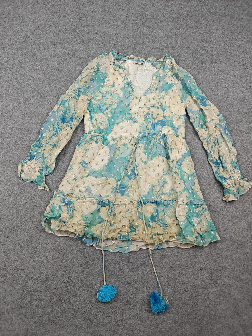 Hemant & Nandita Dress Womens Small Blue Fit & Flare Floral Chiffon V-Neck Lined